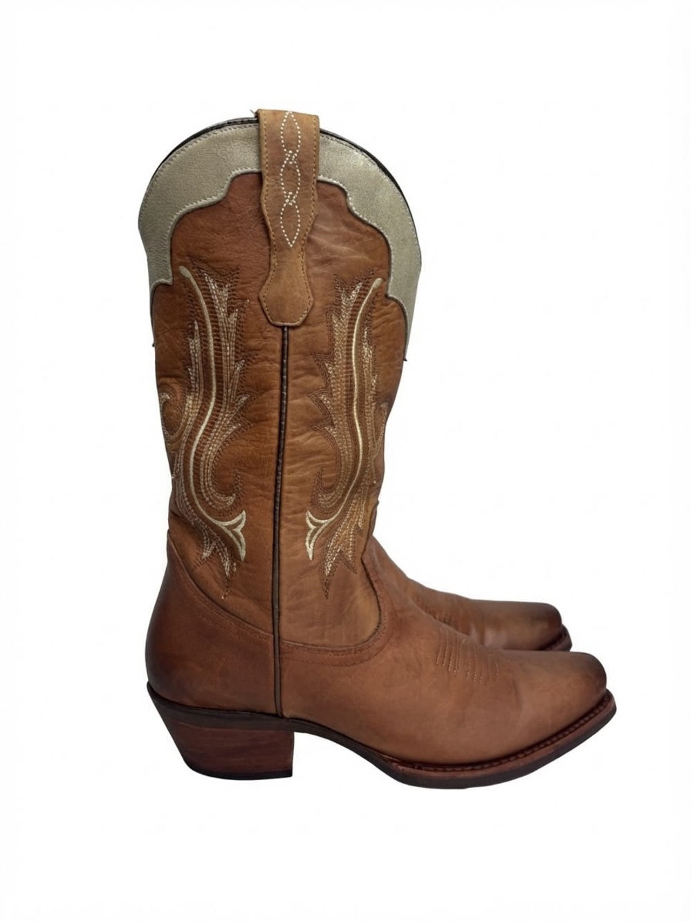 Women’s Brown Leather Western Boots with Cream Top Overlay